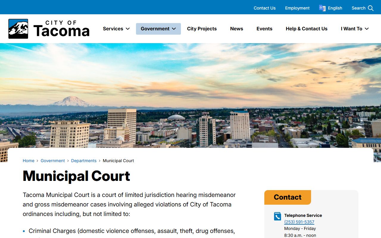 Tacoma Municipal Court website showing court records and background check case information