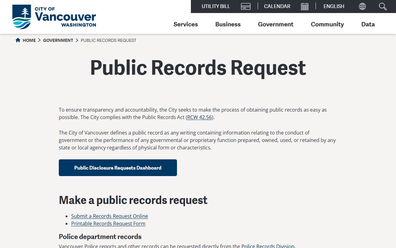 Vancouver City Clerk public records request portal for background check and city document access in Vancouver WA