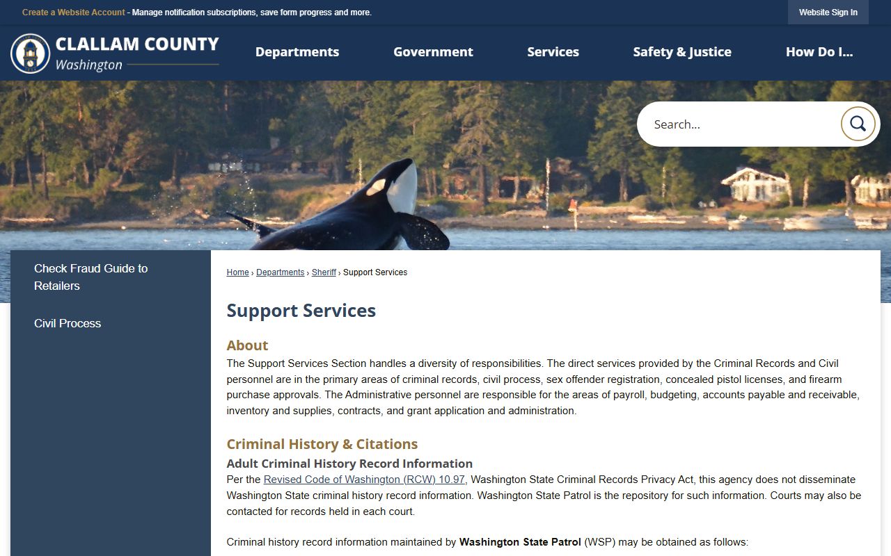 Clallam County Sheriff Support Services background check and criminal records
