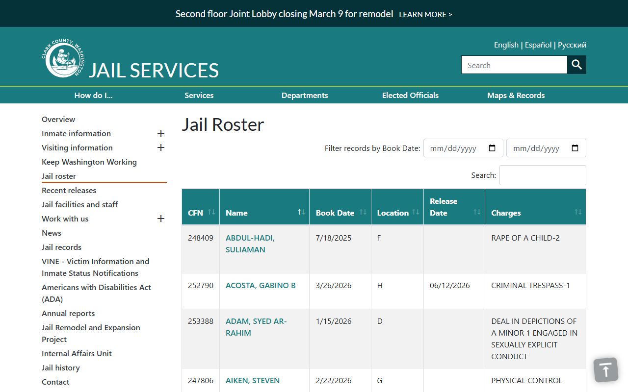 Clark County jail roster background check inmate records