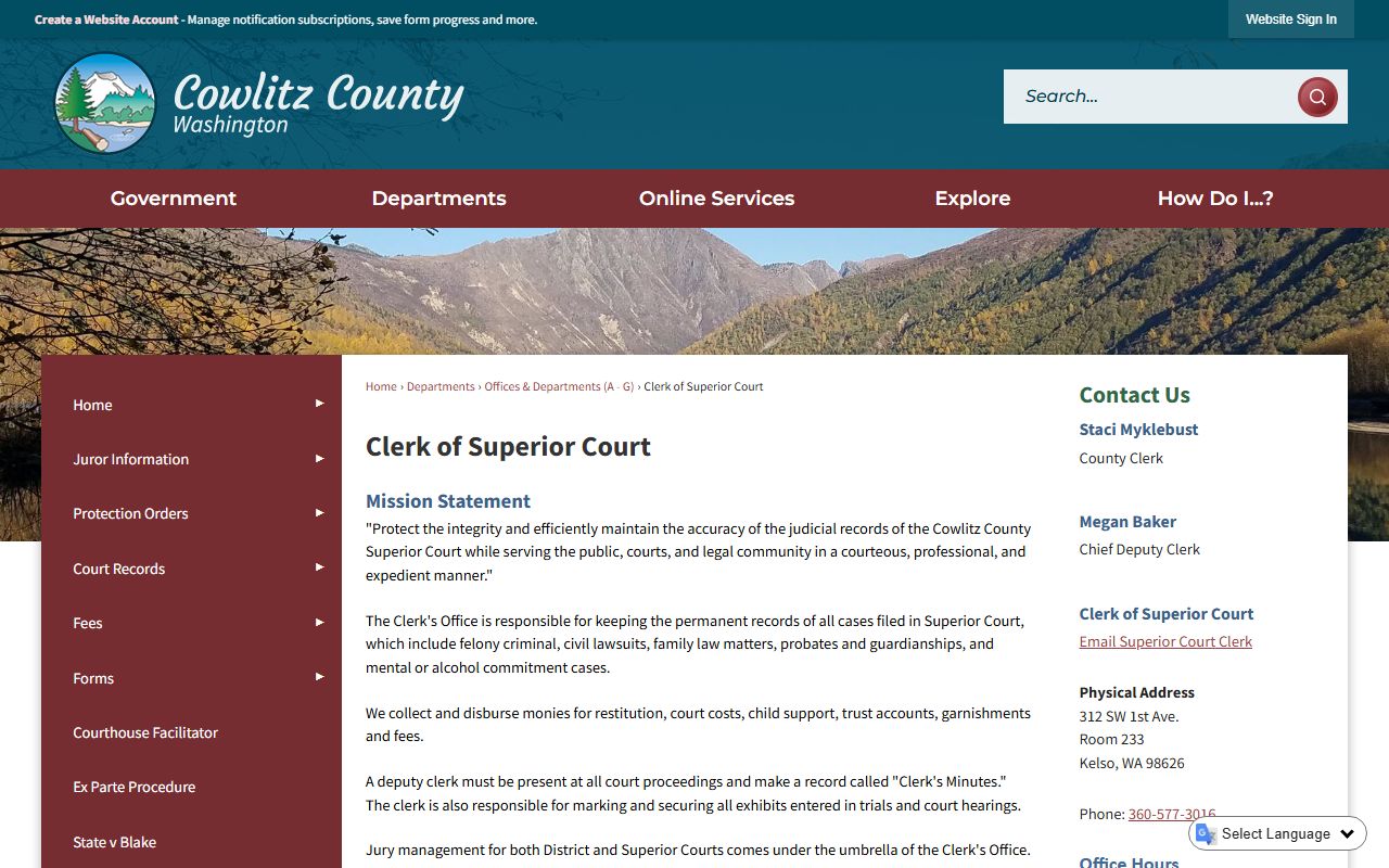 Cowlitz County Clerk of Superior Court - background check records office