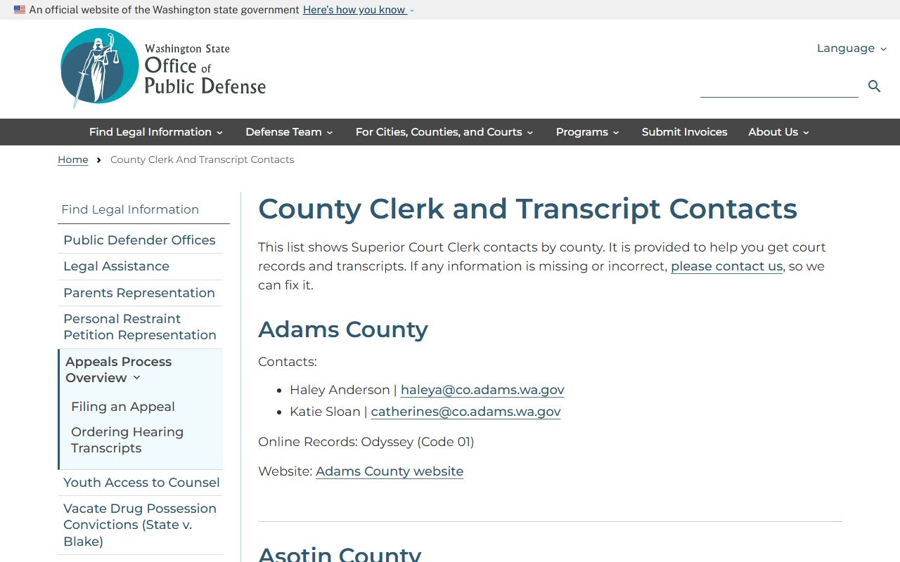 Washington State Office of Public Defense transcript contacts - Douglas County background check