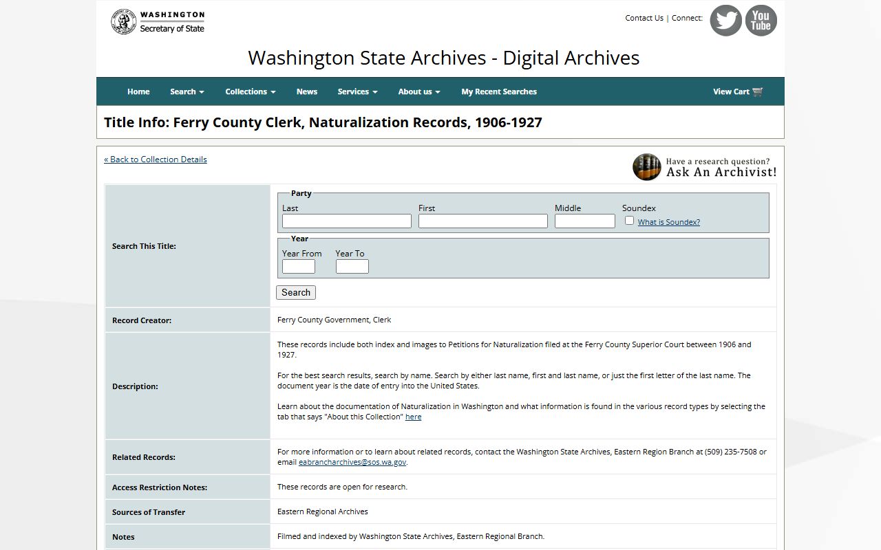 Washington State Digital Archives Ferry County background check naturalization records