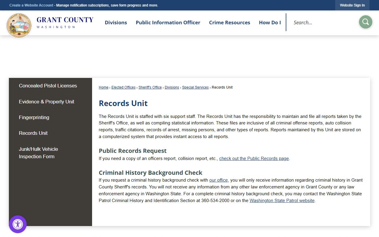 Grant County Sheriff's Office Records Unit - background check records
