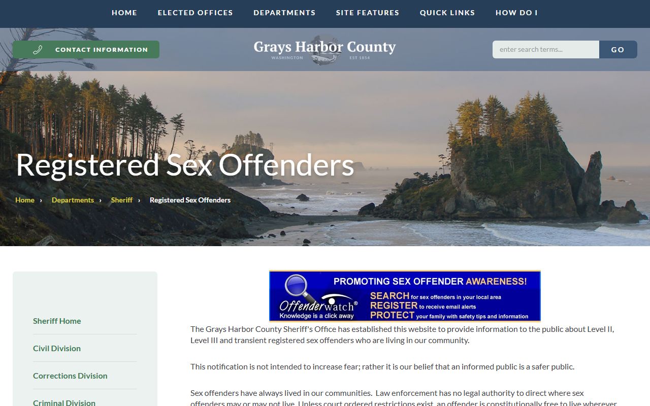 Grays Harbor County registered sex offender information and background check