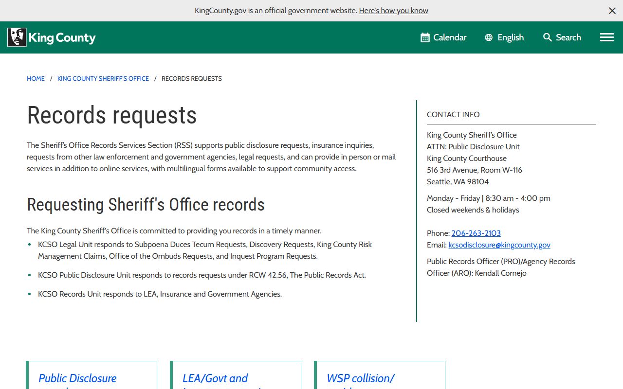 King County Sheriff's Office records requests page for background check information