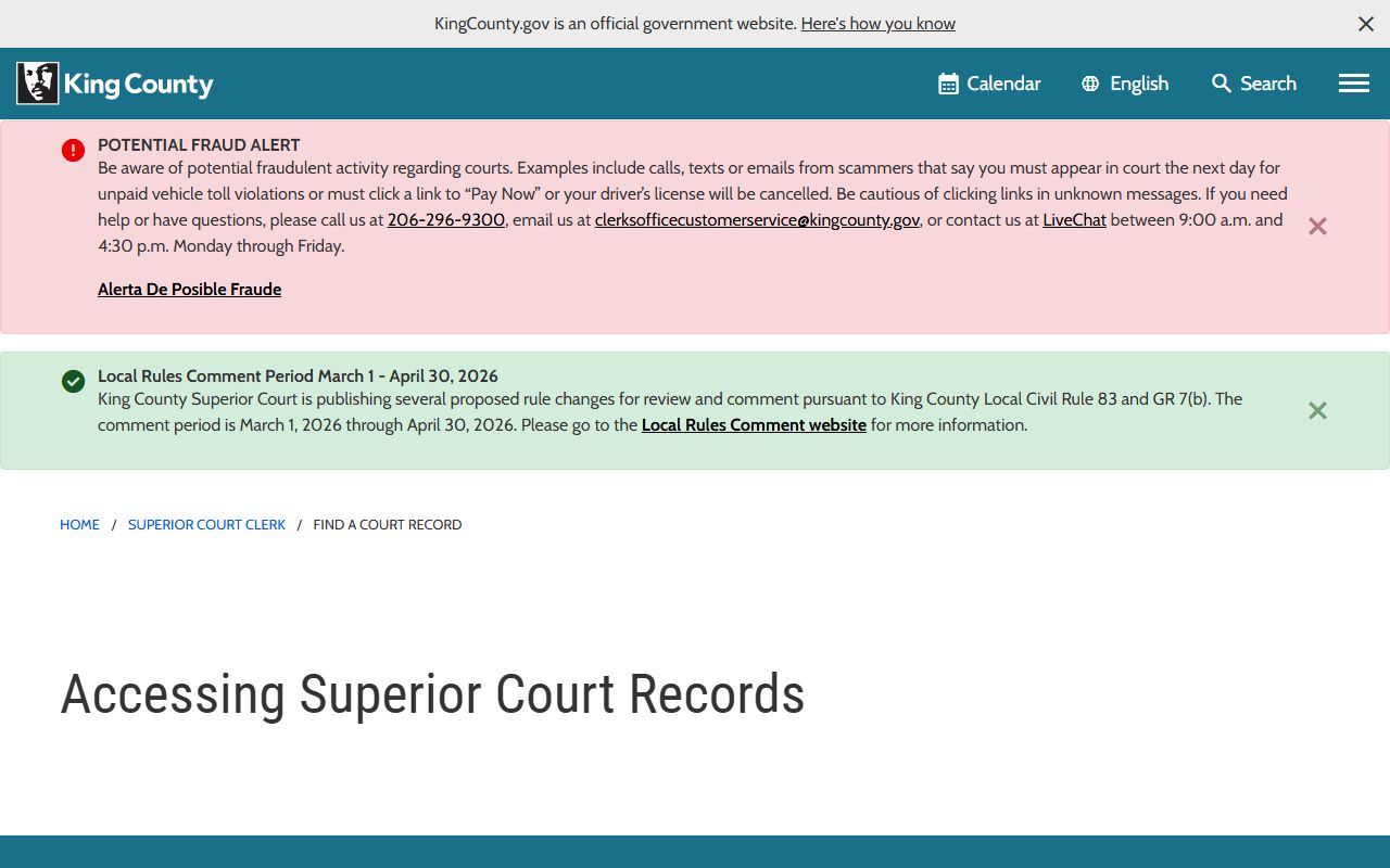 King County Superior Court records access page for background check searches