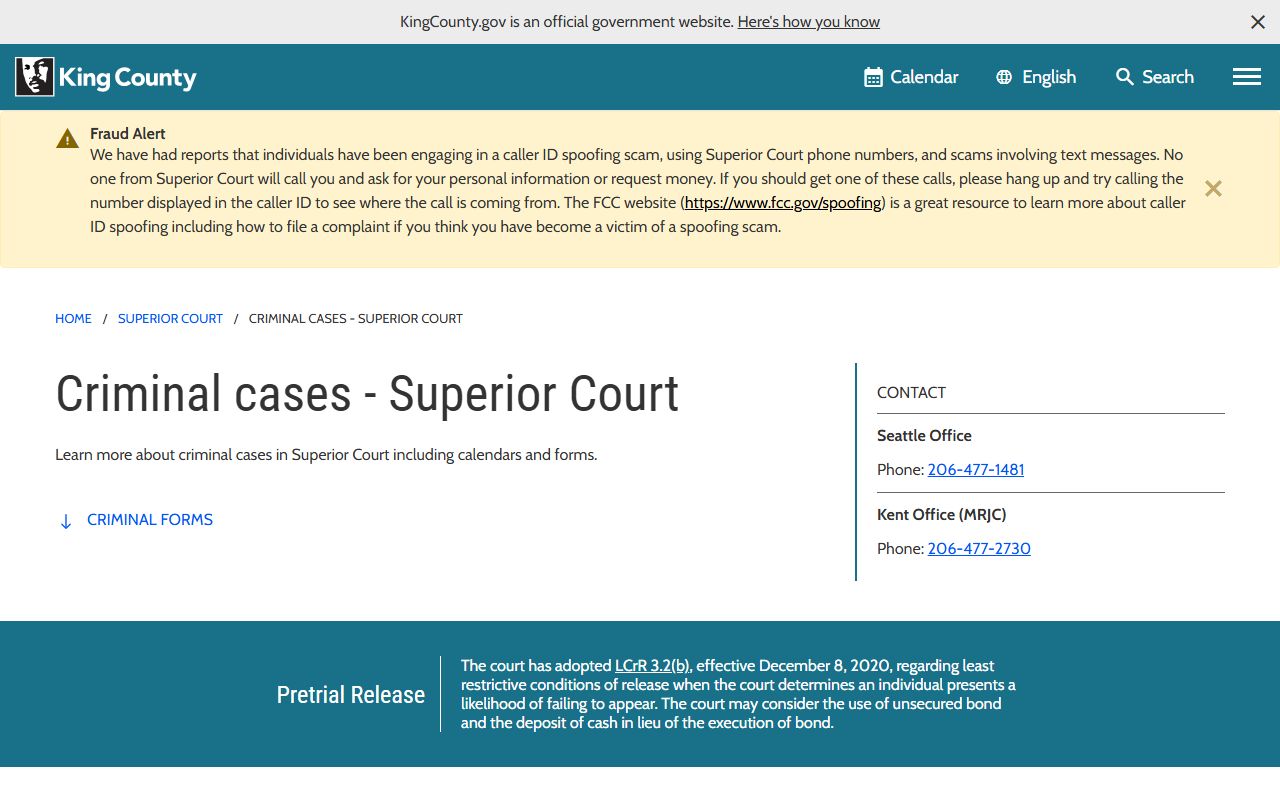 King County Superior Court criminal department page for background check records