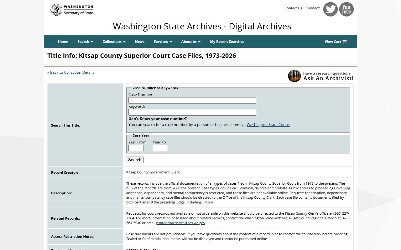 Washington State Digital Archives Kitsap County collection for background check records