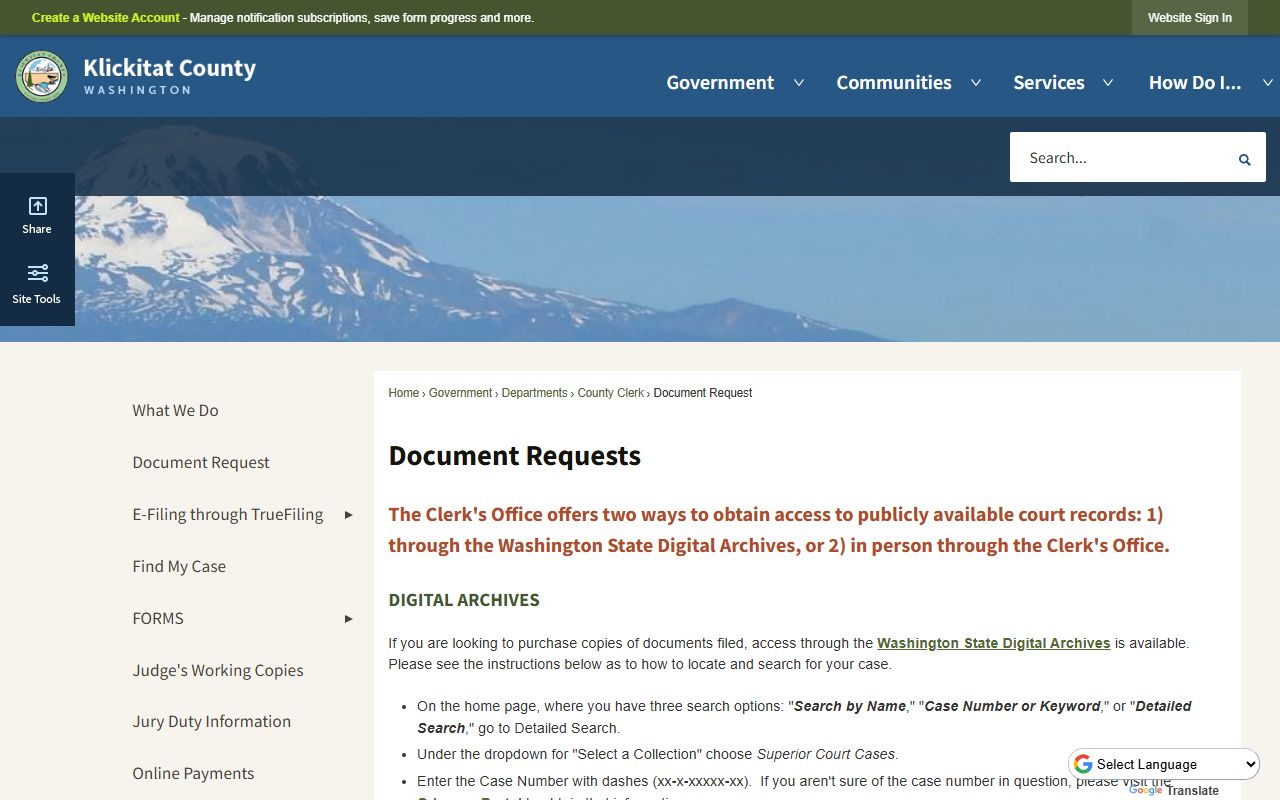 Klickitat County court document request background check records