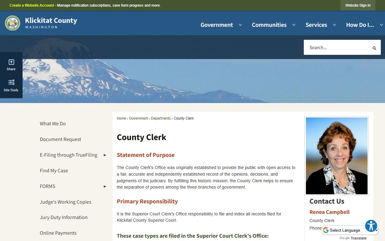 Klickitat County Clerk's Office background check records page