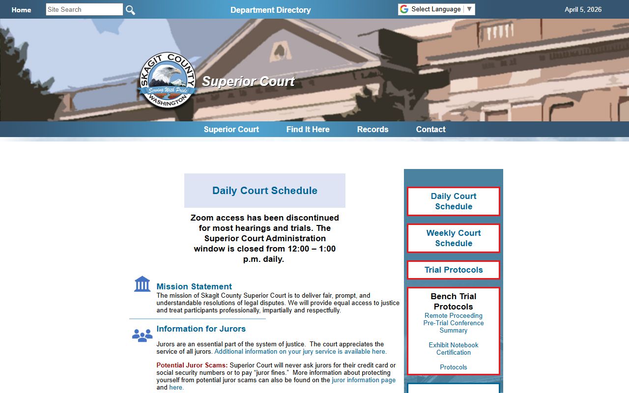 Skagit County Superior Court records page for criminal background check searches