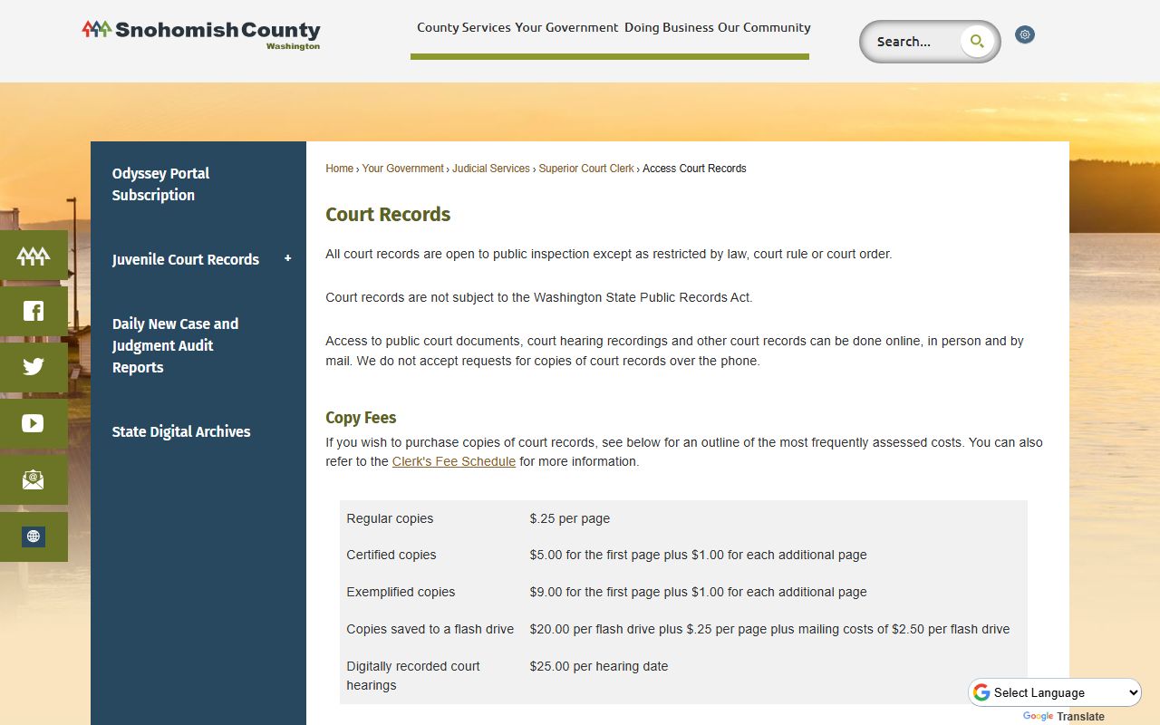 Snohomish County Clerk's Office court records access page for background check searches