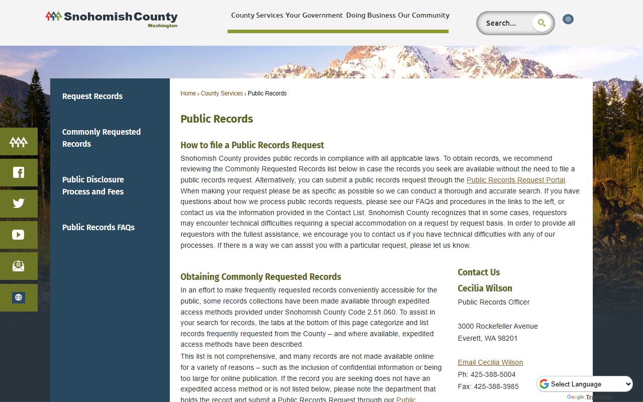Snohomish County government central public records portal for background check requests