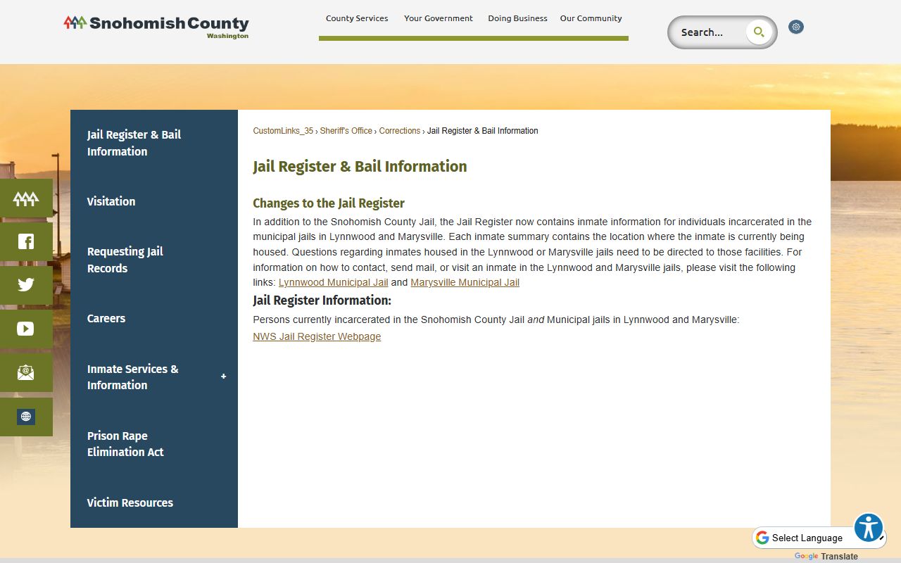 Snohomish County Sheriff's Office jail register page for background check and inmate lookup