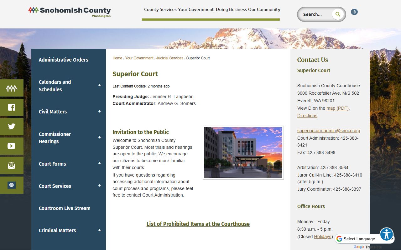 Snohomish County Superior Court website showing court records and background check information