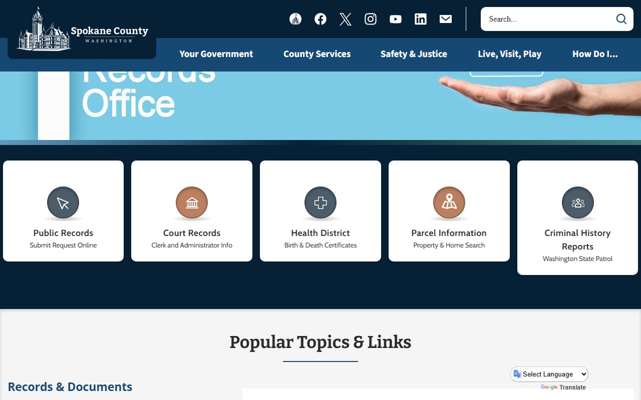 Spokane County Public Records Office portal page for background check document requests