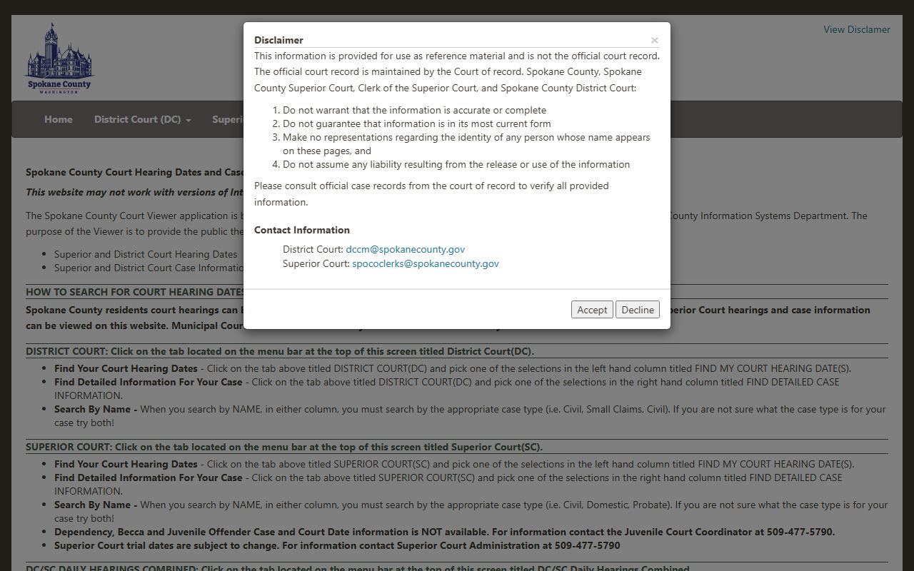 Spokane County Superior and District Court Viewer for background check case searches