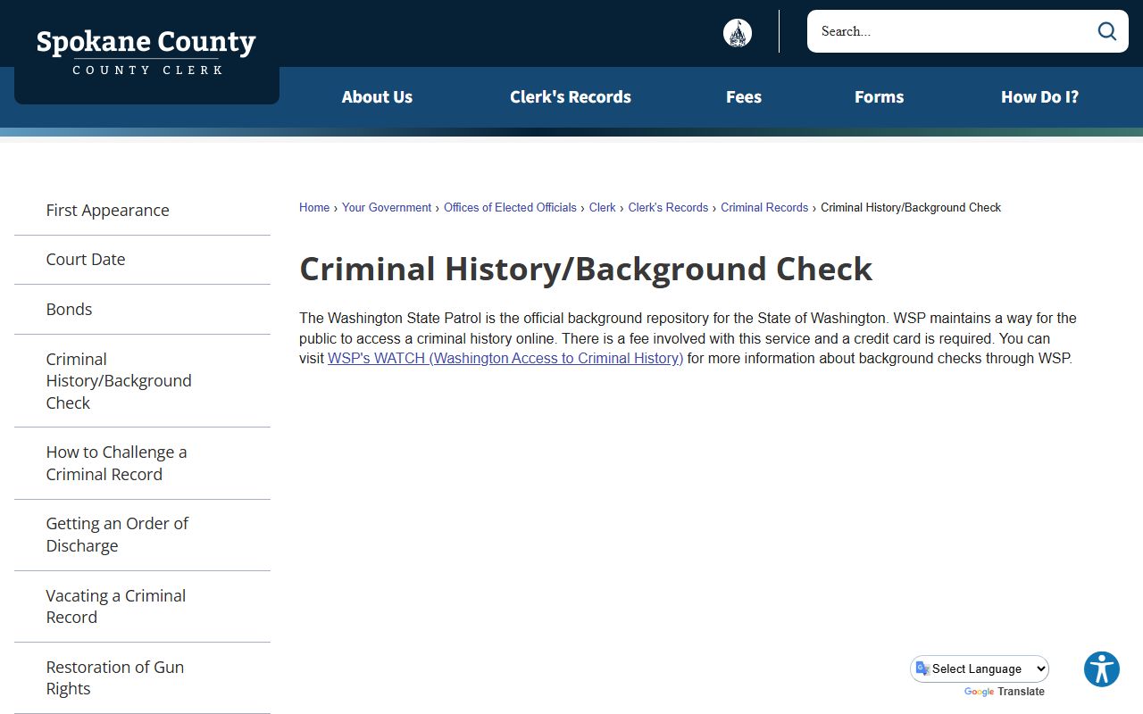 Spokane County Superior Court criminal history and background check information page