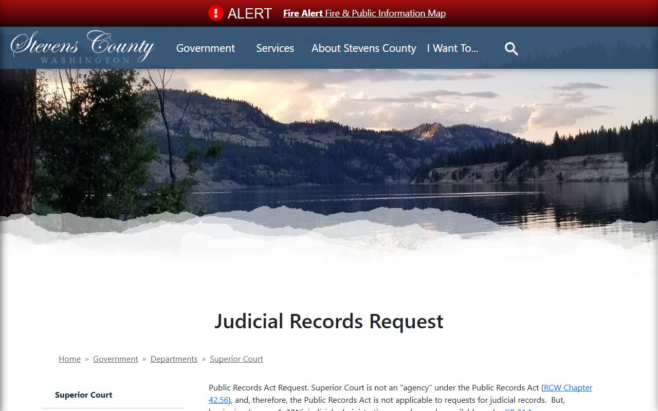 Stevens County Superior Court judicial records request page for background check access