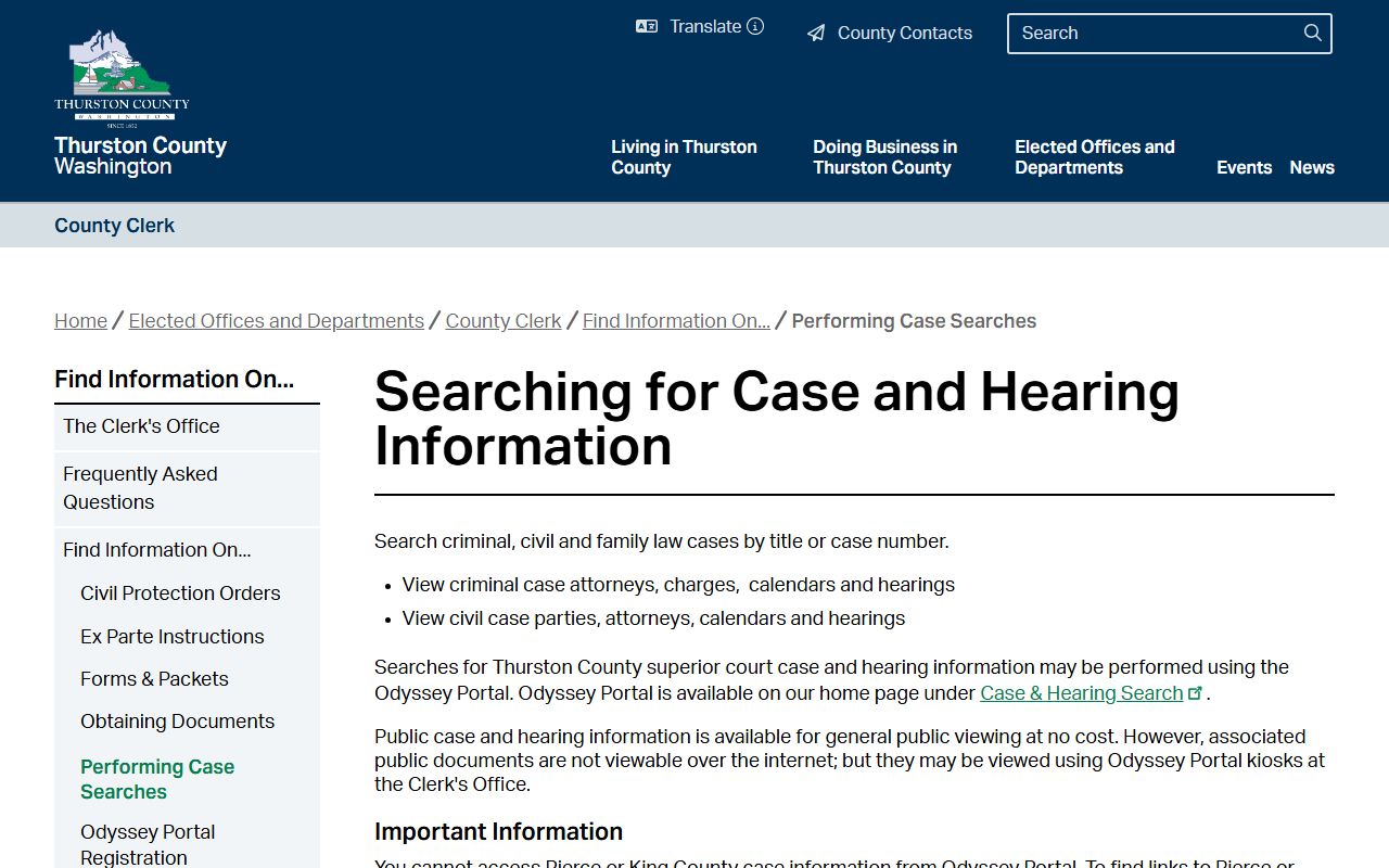 Thurston County Clerk's Office case and hearing search portal for background check records
