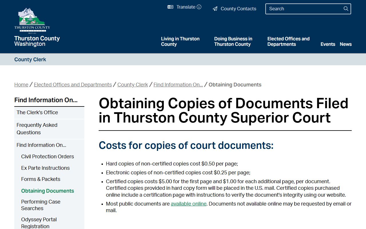 Thurston County Clerk's Office obtaining documents page showing copy fees for background check records