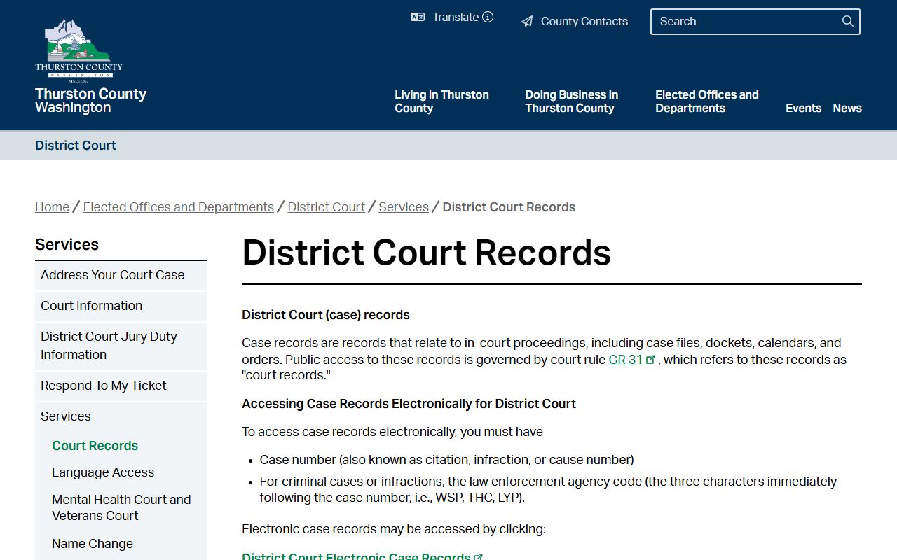 Thurston County District Court records access page for background check searches