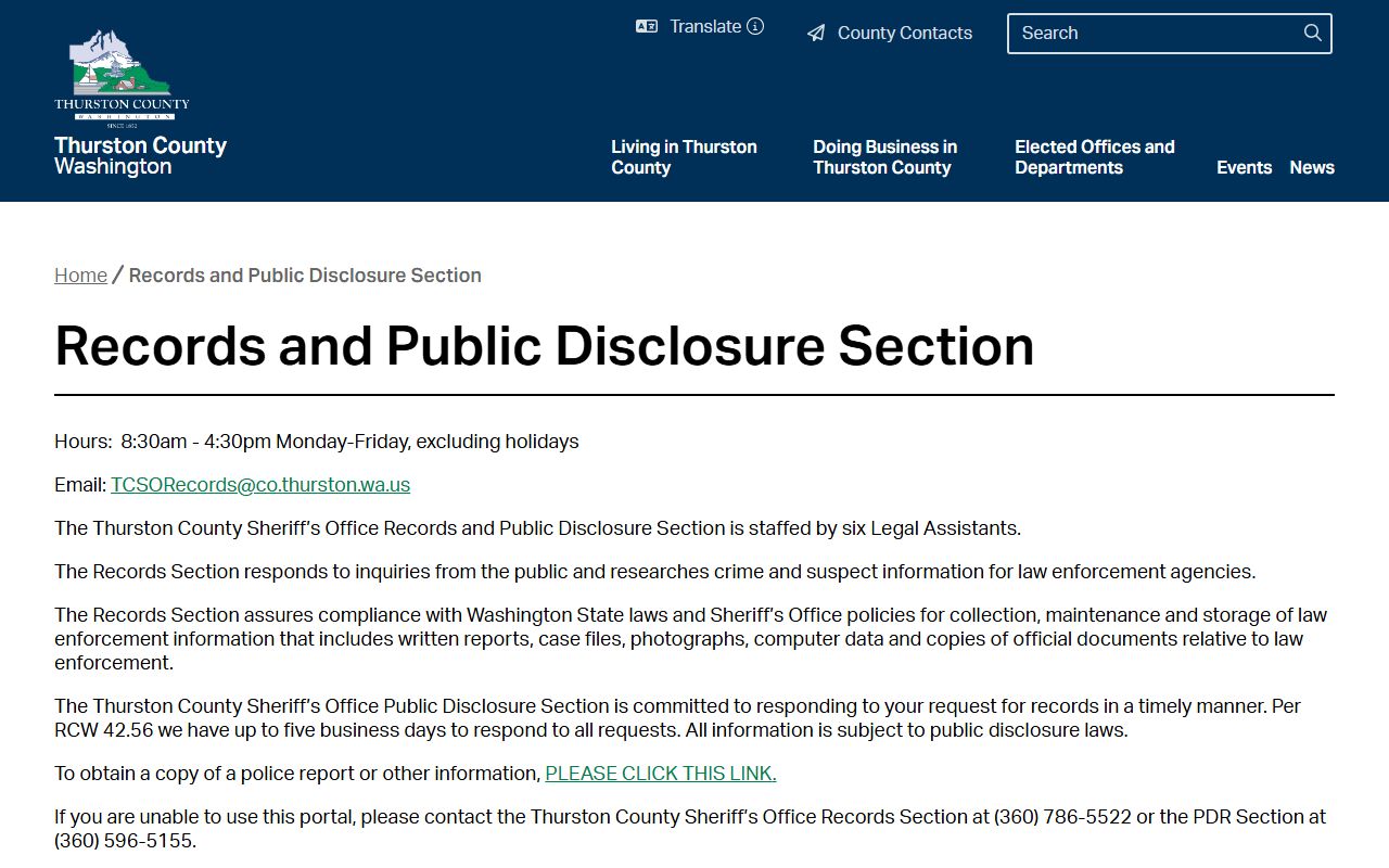 Thurston County Sheriff's Office records and public disclosure section for background check requests