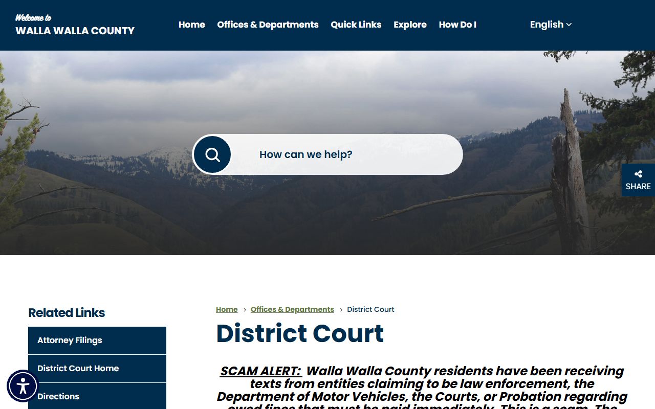 Walla Walla County District Court page for misdemeanor and traffic records background check searches