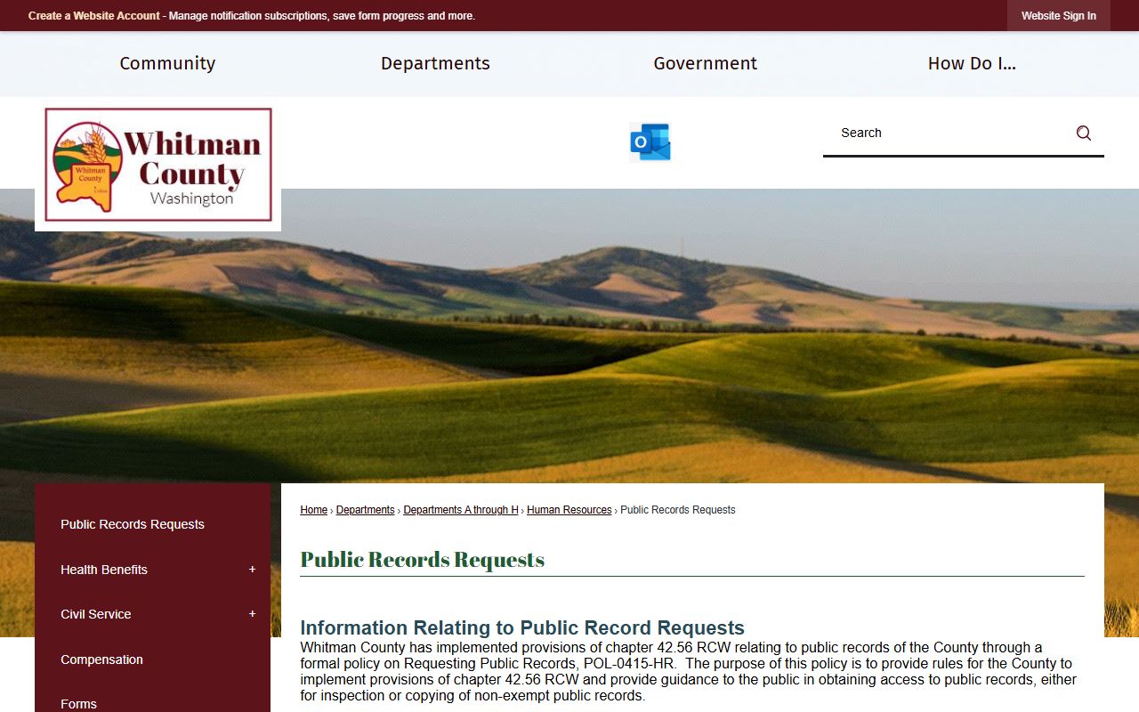 Whitman County government public records request page for background checks