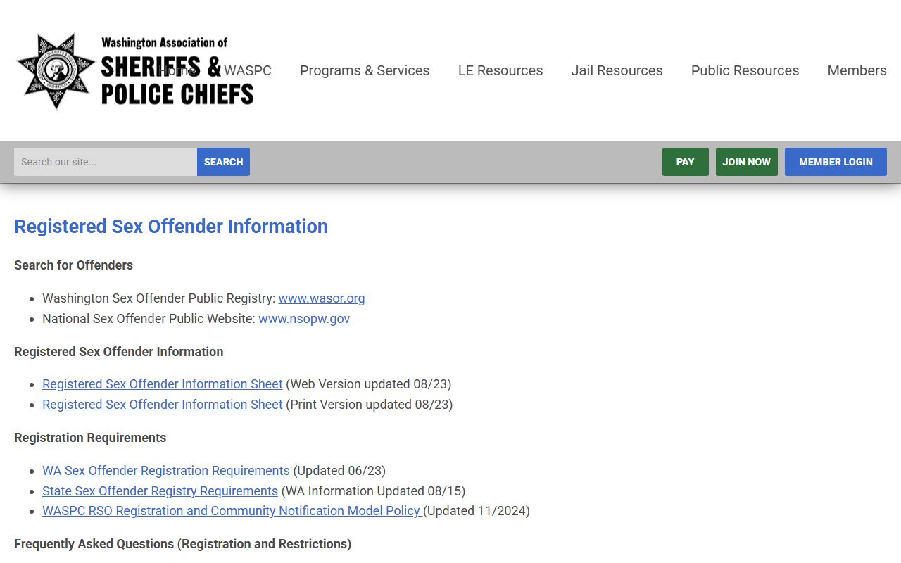 Washington Association of Sheriffs and Police Chiefs sex offender registry background check