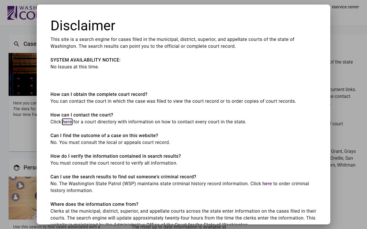 Washington Courts free case search system for background check research