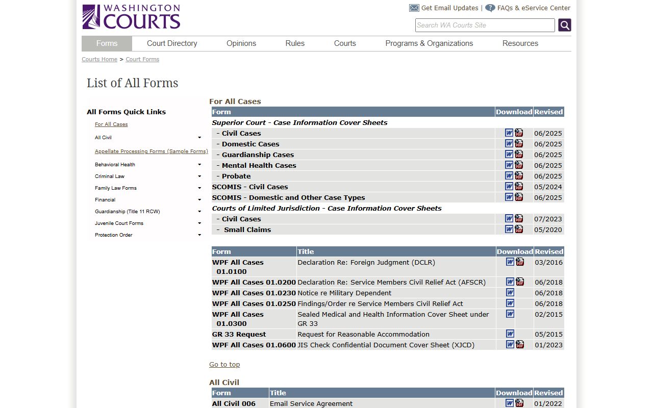 Washington State Courts standard records request form