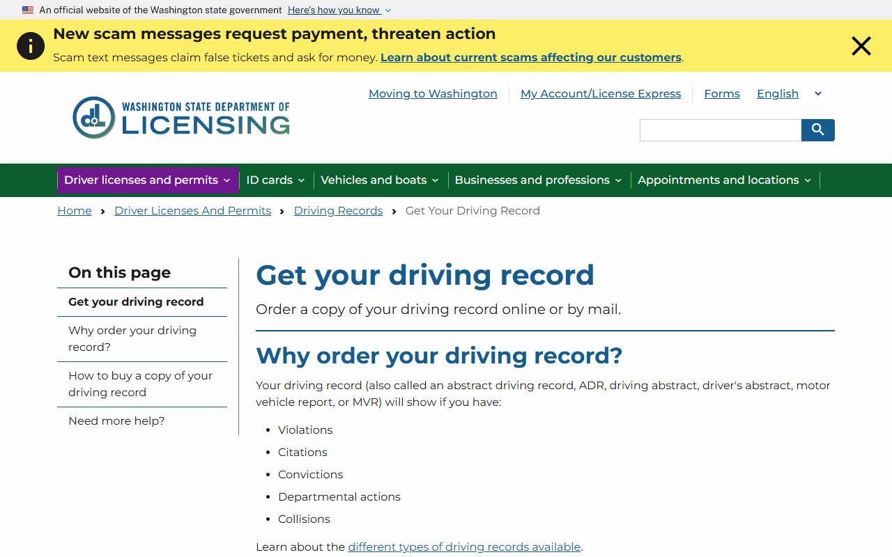 Washington State Department of Licensing driving record request page