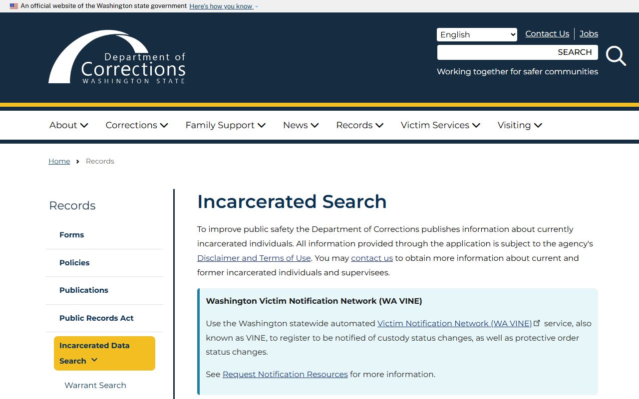 Washington State Department of Corrections offender search tool