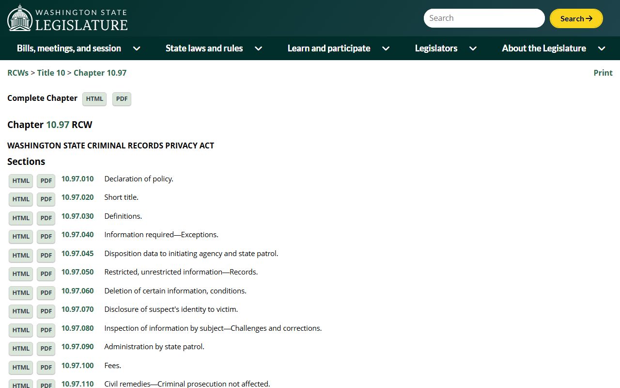 Washington State Legislature RCW 10.97 Criminal Records Privacy Act