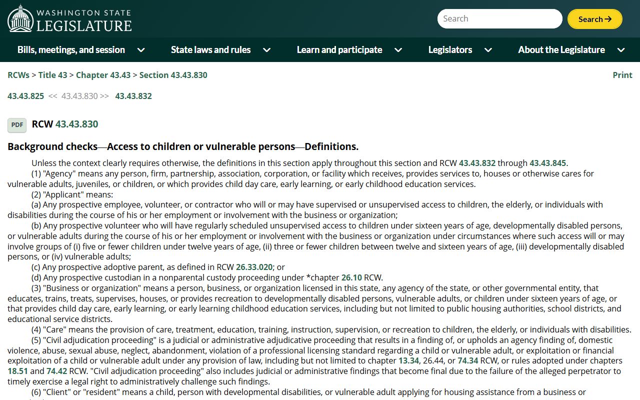 Washington State Legislature RCW 43.43.830 Background Check Laws