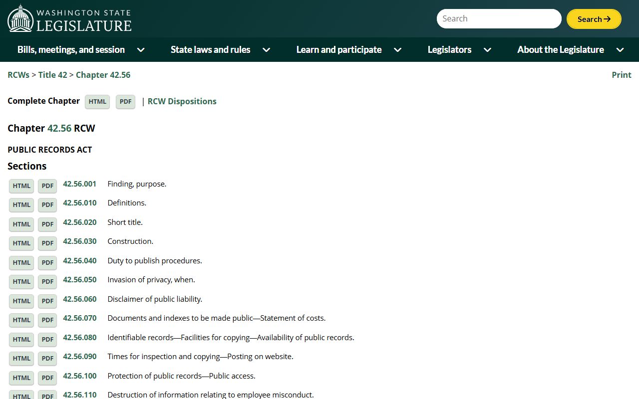 Washington State Legislature RCW 42.56 Public Records Act